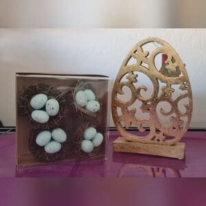 Gold Decorative Egg Ornament Wood Metallic + Robin's Eggs Decor New w Tags